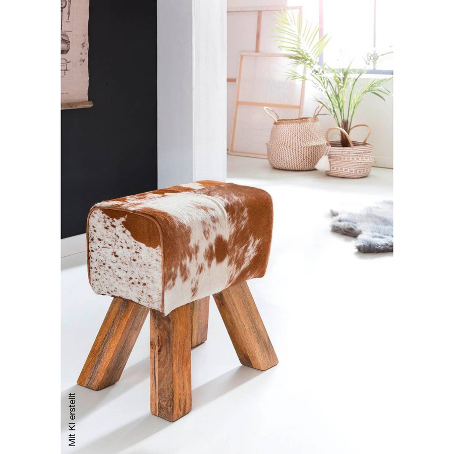 Wohnling Sitzhocker aus Mango-Holz und Leder in Braun im Retro-Design B/H/T: 40 x 47 x 25 cm - Bild 3
