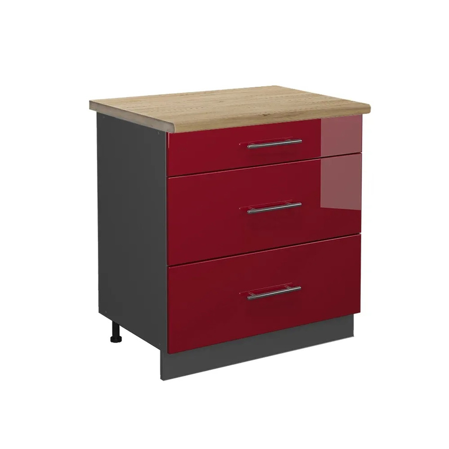 Vicco Küchenunterschrank Fame-Line Bordeaux Hochglanz Anthrazit mit 3 Soft-Close-Schubladen Eiche B: 80 cm, H: 82 cm, T: 60 cm - Bild 2