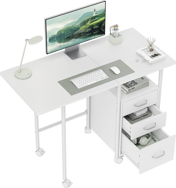 HOMCOM Klappbarer Computertisch mit Rollen und 3 Schubladen in Weiß, erweiterbare Plattform mit Stahlrahmen, B: 105 cm, T: 51 cm, H: 75,5 cm - Bild 1