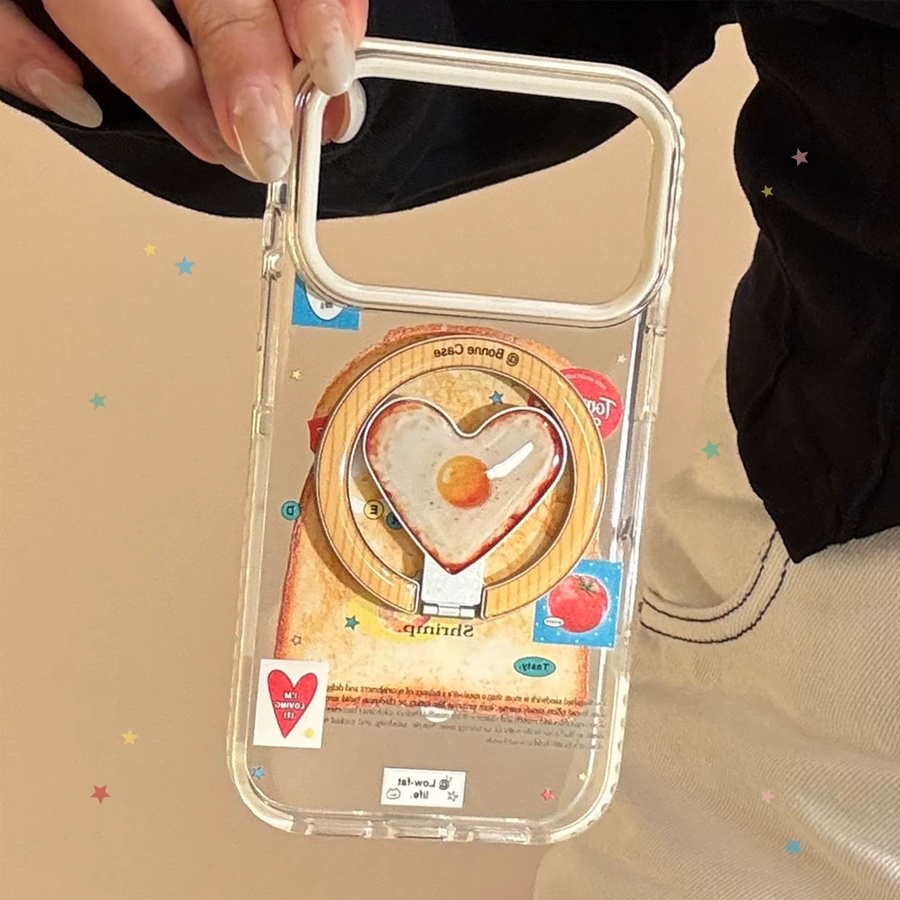 Magnetische Handyhülle für iPhone 12 bis 17 Pro Max mit Koreanischem Toast-Muster, Spiegelei und Liebesherz-Halterung, stoßfeste Abdeckung, Multicolour - Bild 2