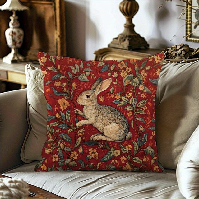 Dekorativer Kissenbezug von ZZN im Vintage-Kaninchen-Stil mit floralem Muster, Farbe Rot, Material Polyester, B/B: 45 x 45 cm - Bild 1