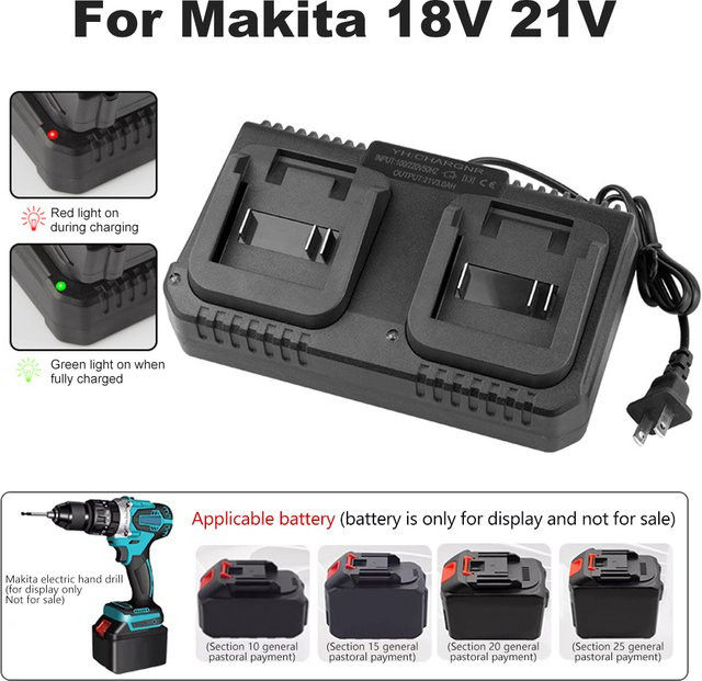 Intelligentes Makita Lithium-Akku-Ladegerät in Schwarz für Elektrobohrer, Poliermaschinen und Rasenmäher, 12,6V / 18V / 21V, 2A / 3A Netzadapter - Bild 1