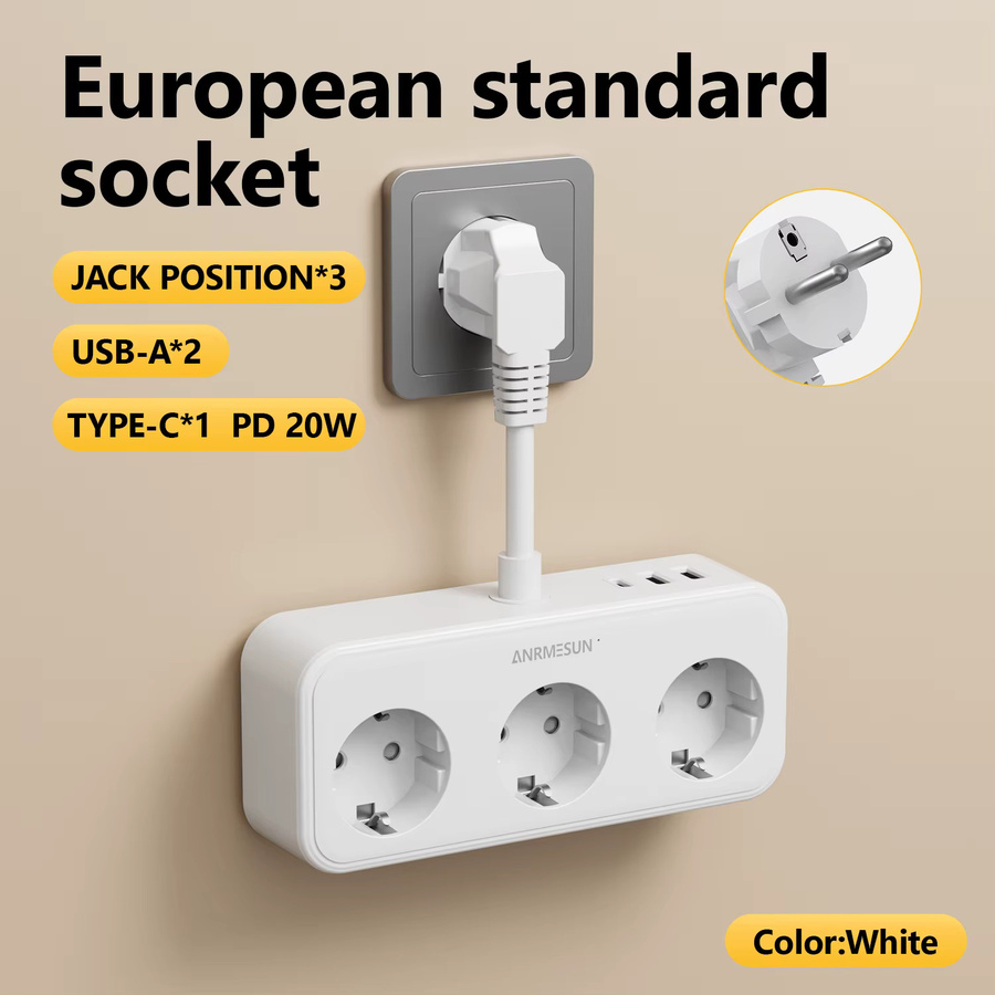 ANRMESUN EU-Steckdosenleiste in Weiß mit 4 AC-Steckdosen, 2 USB-A und 1 USB-C Anschluss sowie Überspannungsschutz und Schnellladefunktion - Bild 3