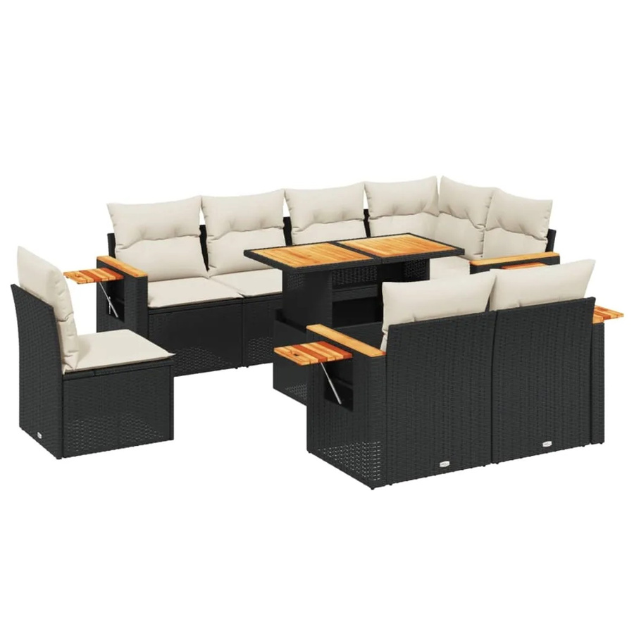 vidaXL 9-tlg. Garten-Sofagarnitur in L-Form aus Poly-Rattan und Akazienholz mit Kissen in Schwarz - Bild 2