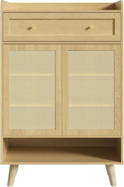 Merax Rattan Schuhschrank in Eiche-Optik mit 2 Türen und Schublade, Farbe: Beige, B/T/H: 80 x 35 x 105 cm - Bild 1