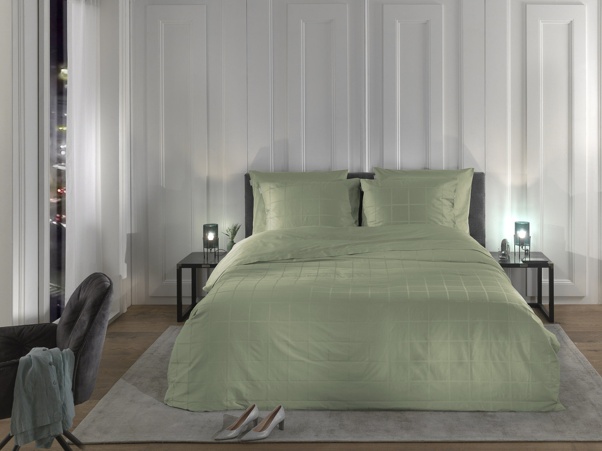 Heckett & Lane Mako-Satin Bettwäsche Diamante Laurel Green Reversibel mit Karo-Design, B/H: 135 x 200 cm - Bild 1