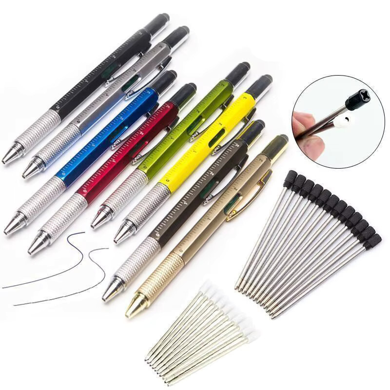 7-in-1 Multifunktions-Kugelschreiber aus Metall in Schwarz mit Lineal, Schraubendreher, Stylus und Wasserwaage - Bild 2