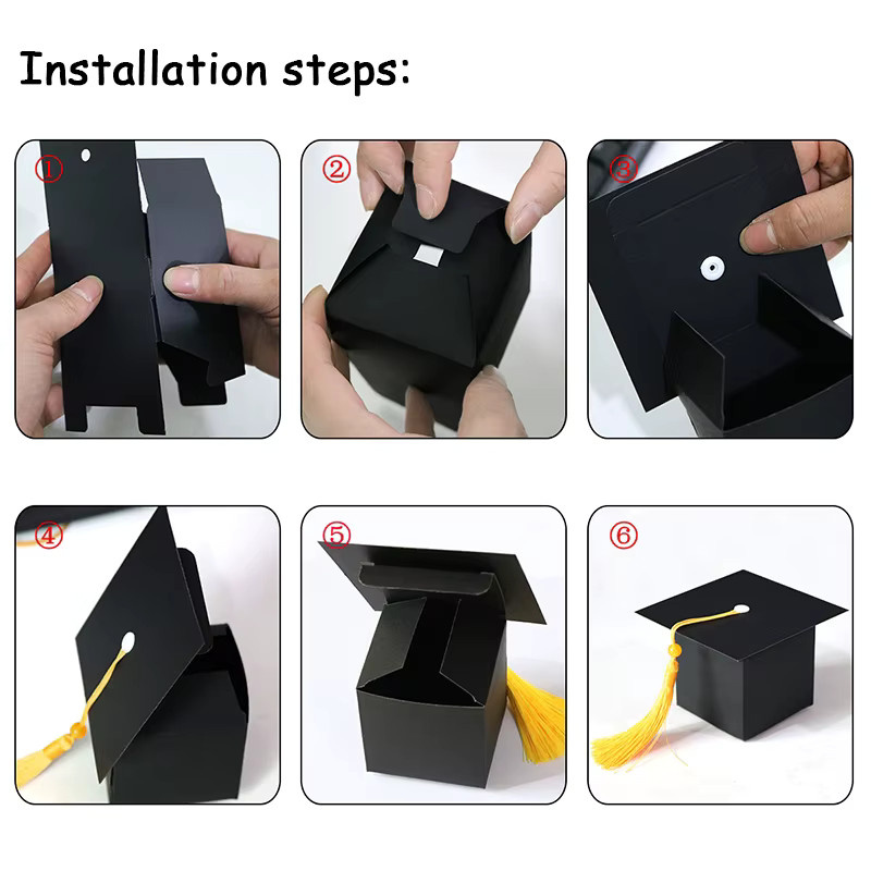 Schwarze Geschenkboxen im Design von Absolventenhüten aus Papier für Abschlussfeiern und Glückwunschpartys - Bild 6