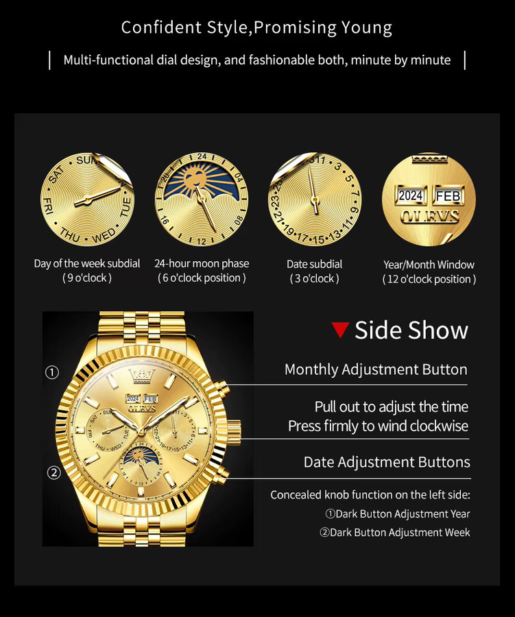 OLEVS Armbanduhr Automatik, Mondphase, Doppelkalender, Gold, Edelstahl, Herren - Bild 5
