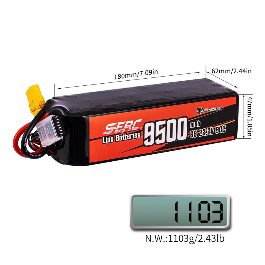SUNPADOW 9500 mAh 6S RC Lipo Akku mit 22,2 V und 90C für RC Flugzeuge, Quadcopter, Drohnen und FPV Hubschrauber mit XT90 Anschluss - Bild 4