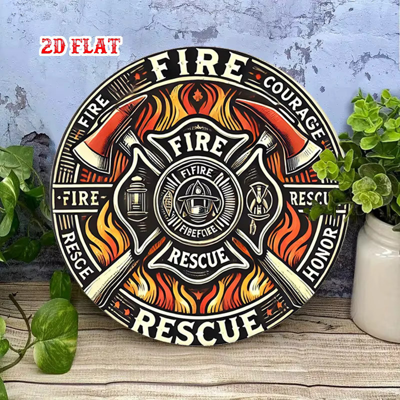 Potdemiel Rundes Aluminium-Wandschild Feuerwehrmann-Rettung im Vintage-Design, Durchmesser: 19,81 cm, Mehrfarbig - Bild 3