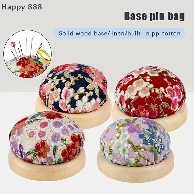 Besticktes halbrundes Nadelkissen im Vintage-Stil mit Holzsockel und Nadelhalter, Mehrfarbig - Bild 2