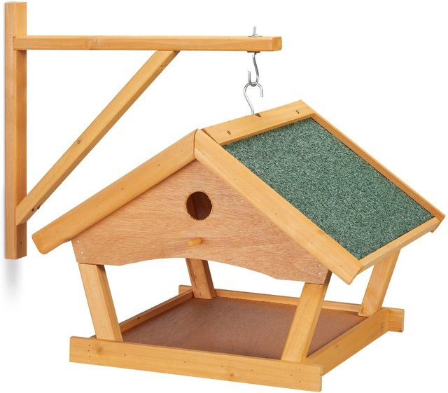 Relaxdays Vogelfutterhaus aus Holz und Stein in Natur Grün mit Wandhalterung, B/T/H: 35 x 42,5 x 40,5 cm - Bild 1