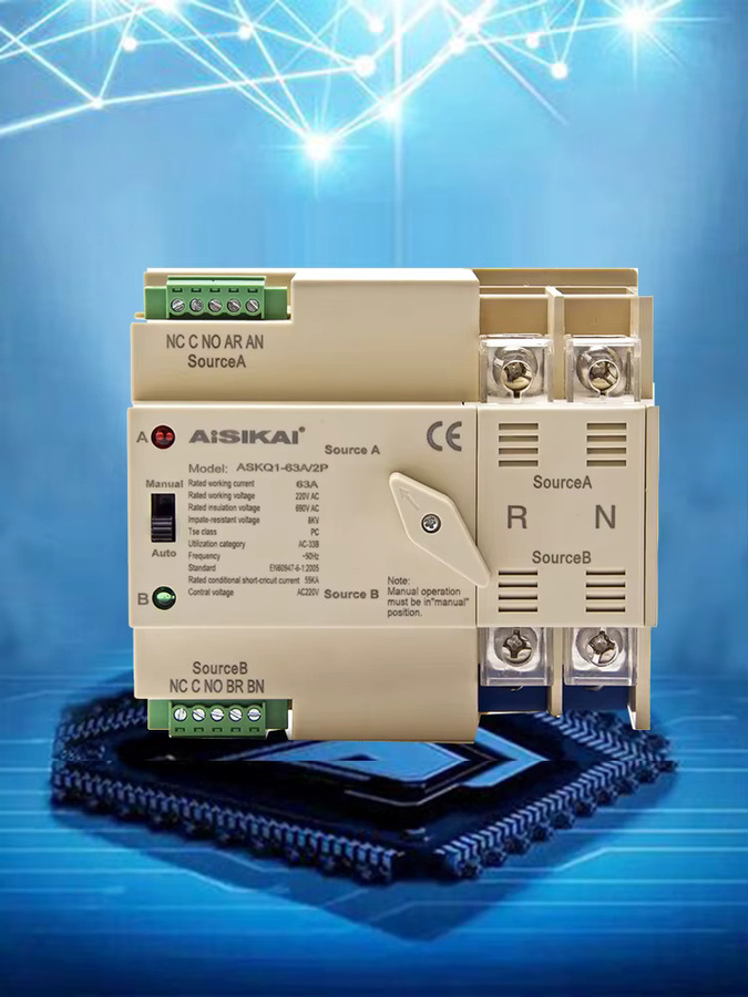 AISIKAI ATS PC Dual Power Automatischer Transfer Schalter Leistungsschalter 63A 2P für Generator 220V 50/60Hz ASKQ1-63A/2P - Bild 3