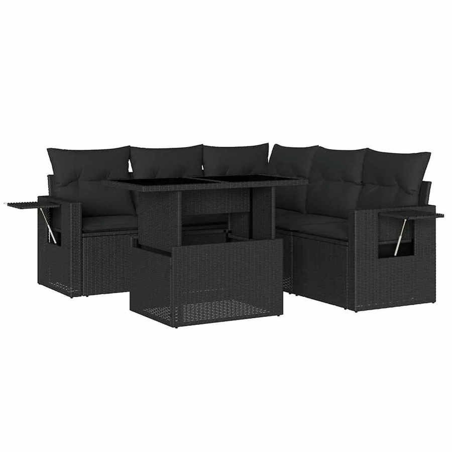 vidaXL 6-teilige Garten-Sofagarnitur in L-Form aus schwarzem Poly-Rattan mit Kissen und pulverbeschichtetem Stahlgestell - Bild 2