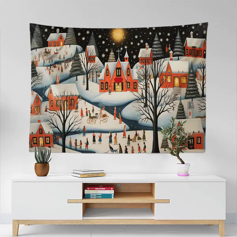 VIKAMA Wandteppich Snowy Town Winter Landschaft, Mehrfarbig, B: 75 cm, H: 75 cm - Bild 4