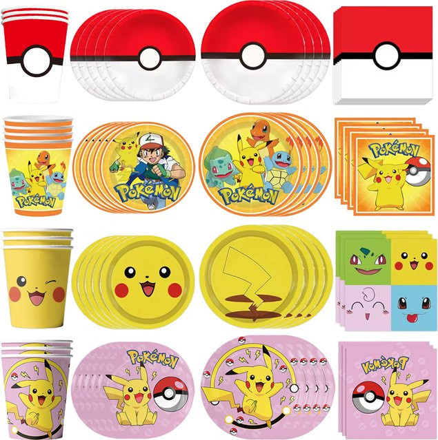 Potdemiel Pokemon Party-Geschirrset mit Pikachu-Motiv für Kinder, bestehend aus Tellern, Bechern und Servietten - Bild 1