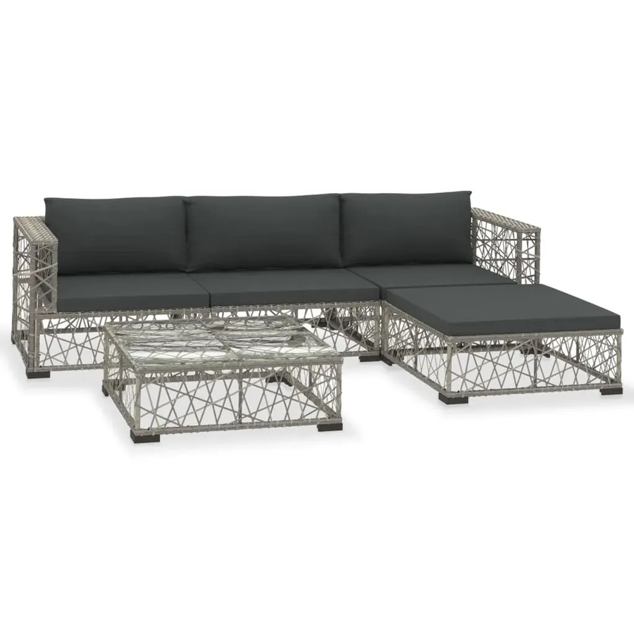 vidaXL 5-tlg Garten-Lounge-Set in L-Form aus grauem Poly-Rattan mit Kissen und pulverbeschichtetem Stahlrahmen - Bild 2