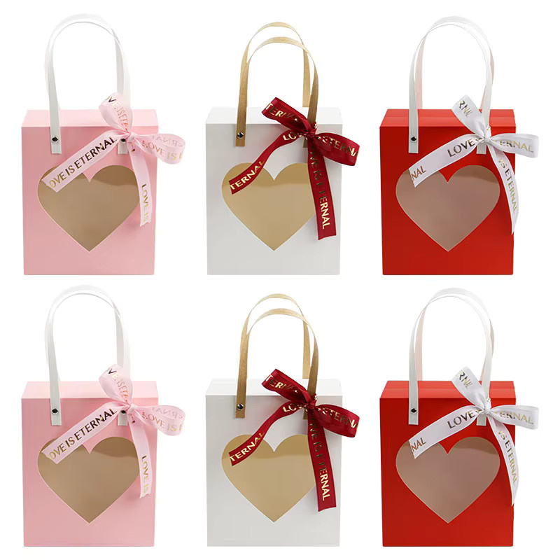 6er Set Valentinstag Geschenktüten aus Papier in Pink mit Herzfenster und Band für Hochzeiten und Partys - Bild 2