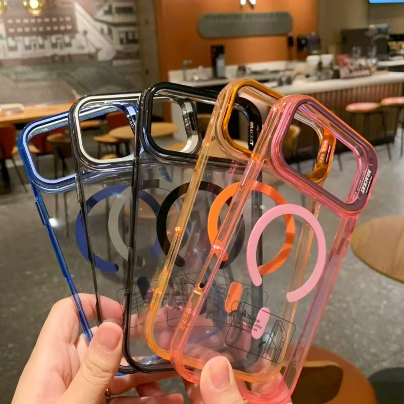 MagSafe iPhone Hülle mit faltbarem Legierungs-Objektivring-Ständer, transparent und blau, passend für iPhone 13, 14, 15, 16 und 17 Pro Max Air - Bild 1