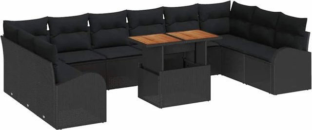 vidaXL Garten-Sofa-Set aus Poly Rattan in Schwarz, 11-teiliges U-Shape Set mit Stauraum und Polsterkissen - Bild 1