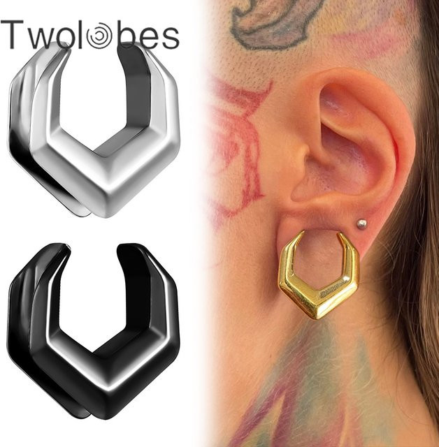 Twolobes Ohrstecker Hexagon Sattel Plugs, Edelstahl, Silber - Bild 1