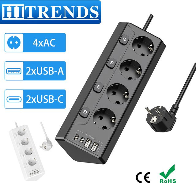 HITRENDS 4-Wege-Steckdosenleiste mit Überspannungsschutz in Schwarz, inklusive 2 USB-A und 2 USB-C Anschlüssen sowie unabhängigen Schaltern - Bild 1