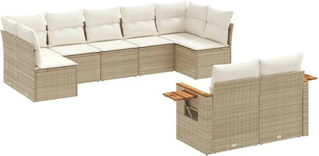 vidaXL 9-tlg. Garten-Sofagarnitur in L-Form aus Poly-Rattan und Akazienholz in Beige-Creme mit Sitz- und Rückenkissen - Bild 1