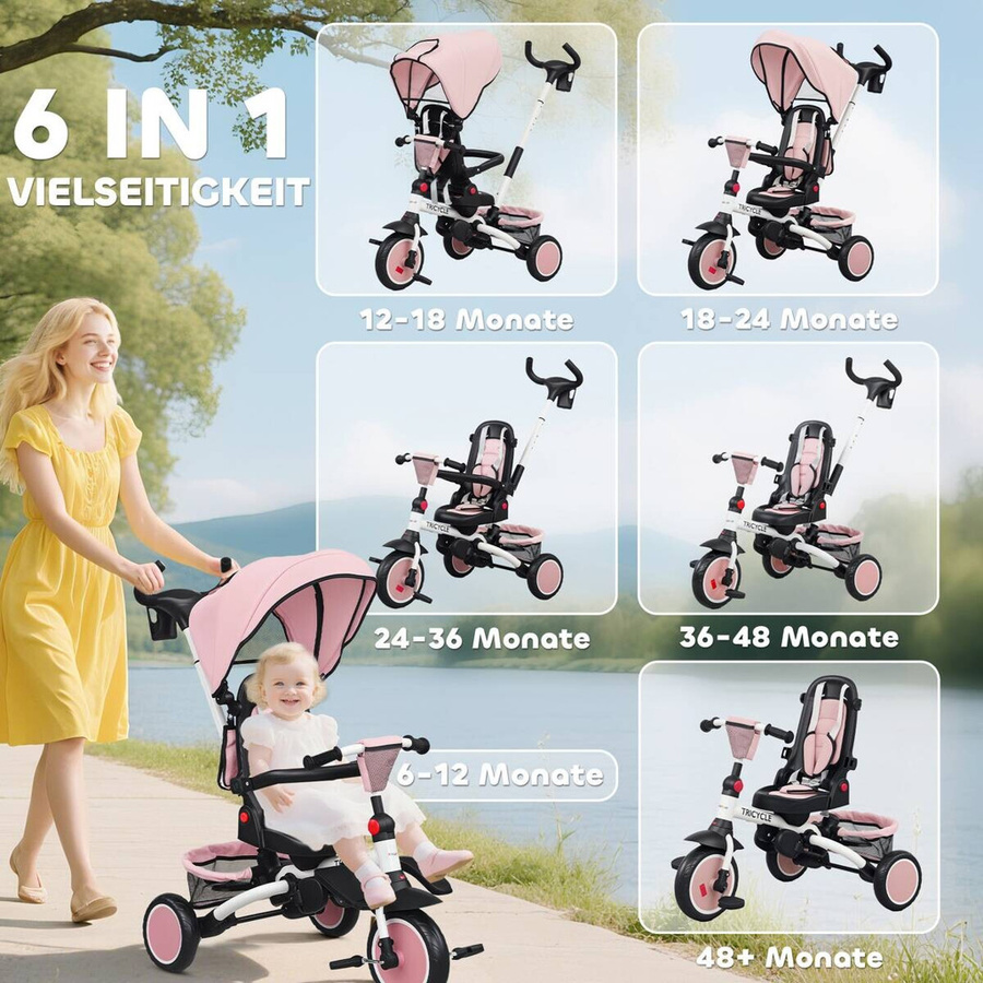 AIYAPLAY 6in1 Kinderdreirad mit Schubstange und Sonnendach, Rosa, B/H/L: 52 x 111,5 x 98 cm - Bild 5