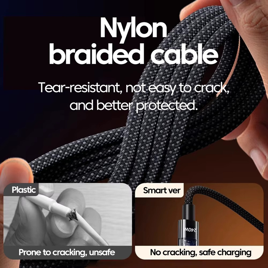 NNBILI Dual-Ladekabel 240W mit USB-A auf USB-C und USB-C auf USB-C Anschlüssen, schnelles Laden, geflochtenes Nylon-Datenkabel in Schwarz - Bild 4
