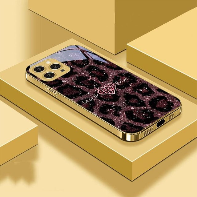 Handyhülle mit Leopardenmuster und Herz-Design in Grün und Gold für iPhone 16 Pro Max, 15, 14, 13, 12, 11 und XS Max aus gehärtetem Glas - Bild 1