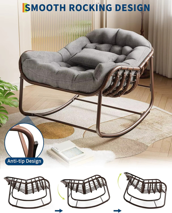 HiMISS Rattan-Schaukelstuhl als moderner Übergroßer Lounge-Eierstuhl aus Polyrattan mit Polsterung in Weiß und Grau - Bild 3
