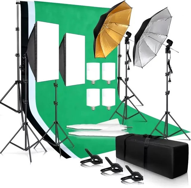 Fotostudio-Softbox-Lichtset in Multicolour mit 3 Hintergrundstücken, Stativ, Reflektorplatte und 4 Schirmen - Bild 1