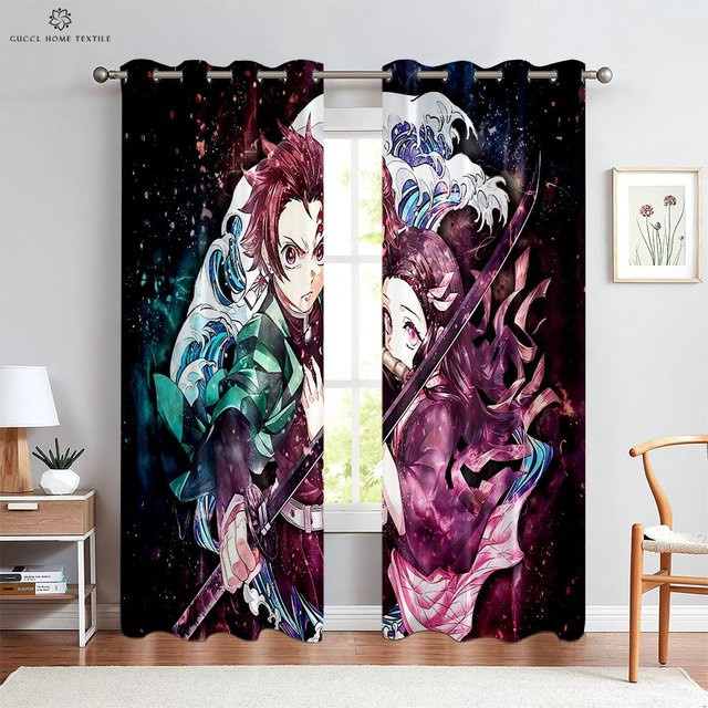 Anime-Cartoon Vorhänge aus Polyester mit Grafikprint, 2er-Set, halbtransparent, B: 50 cm, H: 130 cm - Bild 1