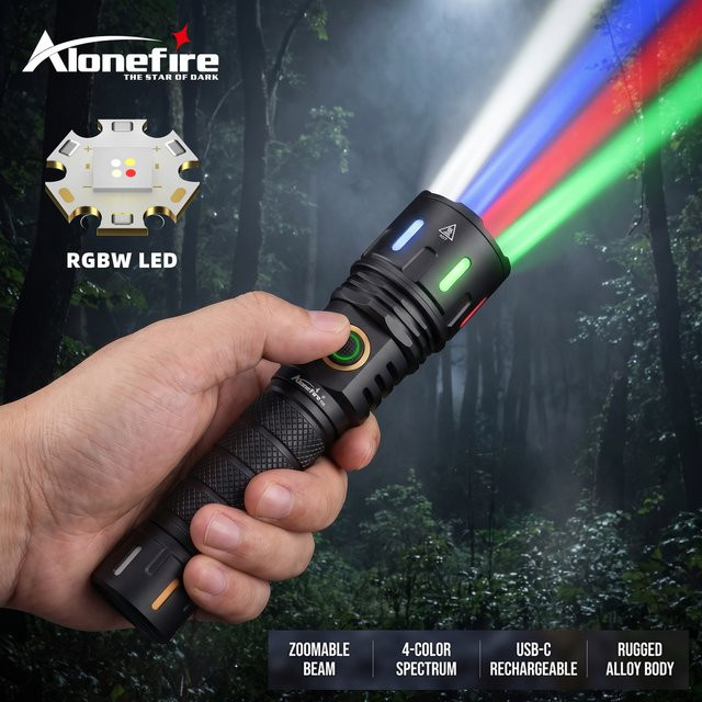 Alonefire Zoom RGB LED-Taschenlampe mit Blau, Grün und Rot, USB wiederaufladbar, Schwarz - Bild 1