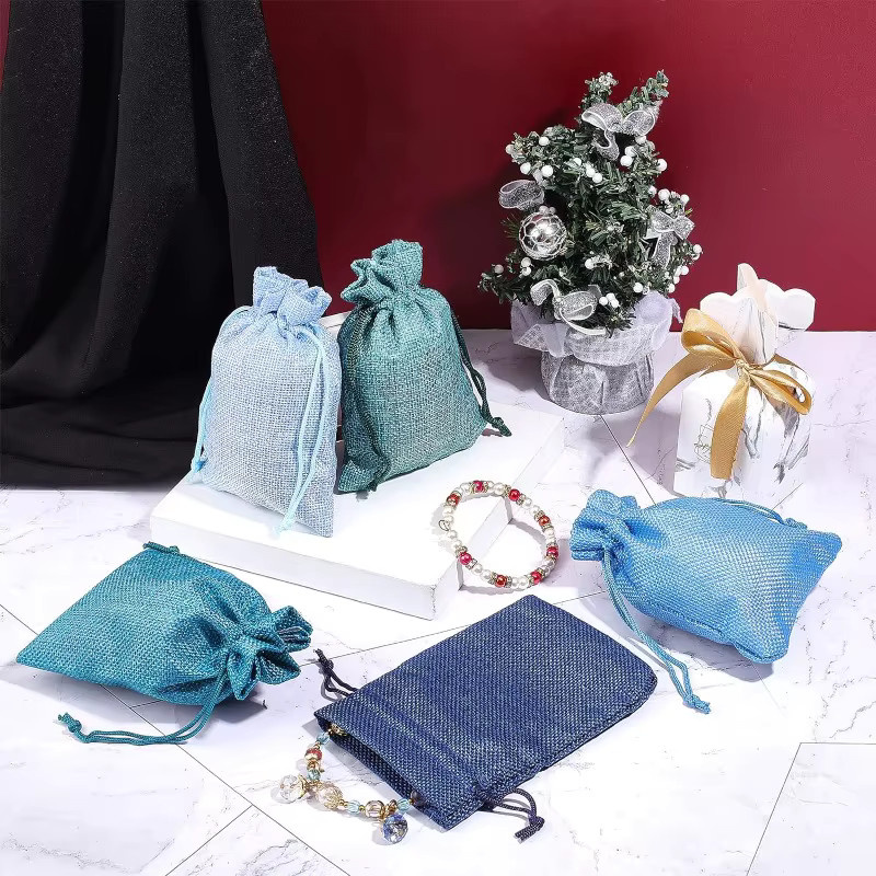 25 Stück Sackleinen-Verpackungsbeutel mit Kordelzug in Blau als Geschenktüten für Süßigkeiten oder Ostern - Bild 2