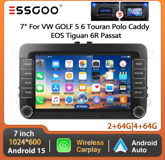 ESSGOO Android 15 Autoradio mit 7 Zoll Display, 64GB Speicher, Wireless CarPlay, Android Auto, GPS und Bluetooth in Schwarz für VW Golf 5 6, Touran, Polo, Caddy, EOS, Tiguan 6R und Passat sowie Seat - Bild 1