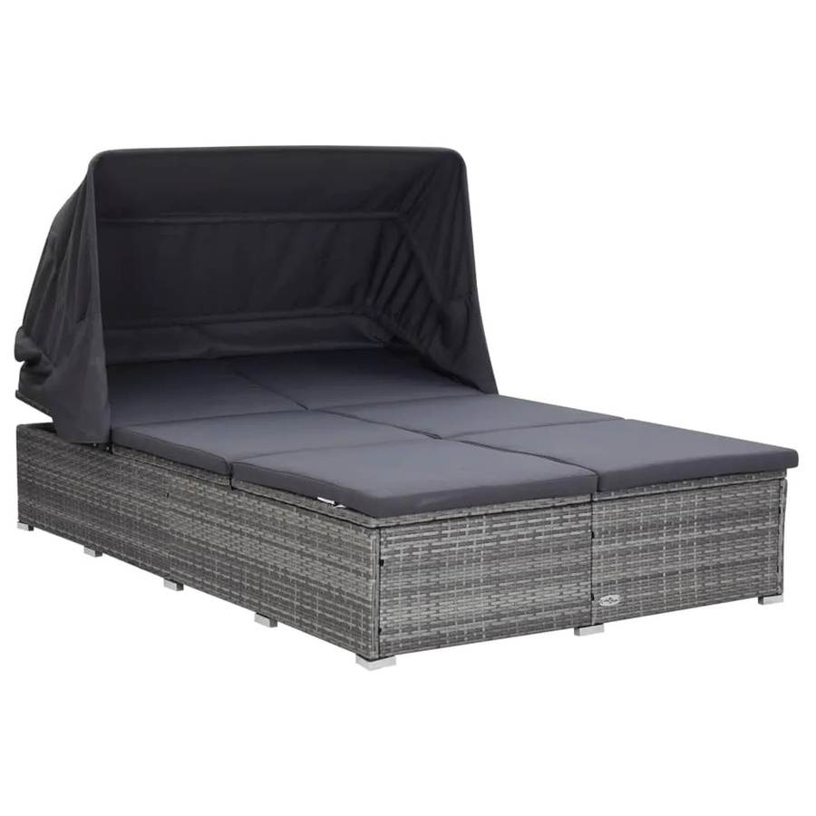 vidaXL 2-Personen-Sonnenliege aus Poly Rattan mit Sonnenbaldachin und Auflage in Grau - Bild 2
