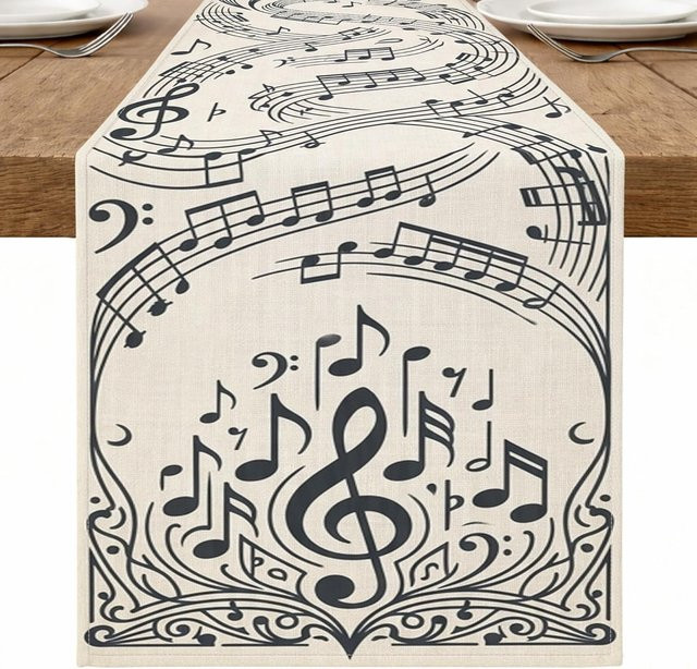 JMG Household Supplies Tischläufer aus Leinen mit Vintage Musiknoten Design in Beige, B/T: 150 x 33 cm - Bild 1
