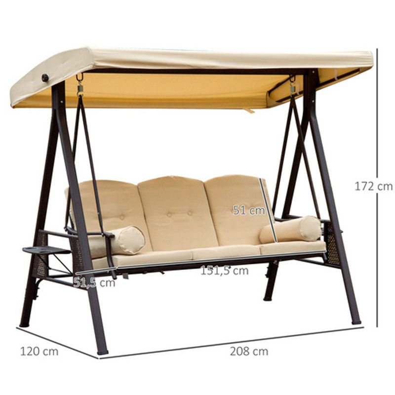 Outsunny 3-Sitzer Hollywoodschaukel mit Sonnendach und Kissen, Metall und Polyester, Beige-Braun, B/T/H: 208 x 120 x 172 cm - Bild 10