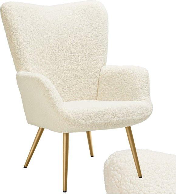 tectake Hygge Sessel mit Armlehnen aus Bouclé-Stoff in Beige und Gold, B/T/H: 72 x 76 x 100,5 cm - Bild 1