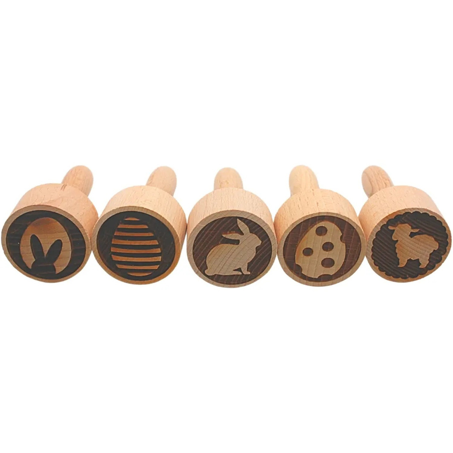 Dekohelden24 5er Set Teigstempel aus Holz mit Ostermotiven, Farbe: Braun, Maße eines Stempels L/B/H: 4 x 4 x 8 cm - Bild 2