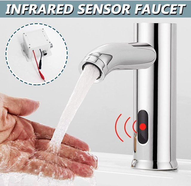 Crown Global Automatischer Infrarot-Sensor-Wasserhahn aus Edelstahl für das Badezimmer, berührungslos, Deckmontage, Farbe: Grau - Bild 1