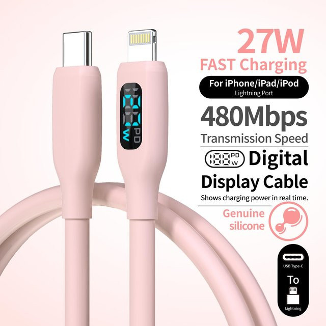 LAIHONEN MFi-zertifiziertes USB-C auf Lightning Schnellladekabel mit LED-Anzeige in Macaron-Rosa für iPhone 8-14 Pro Max, 27W - Bild 1