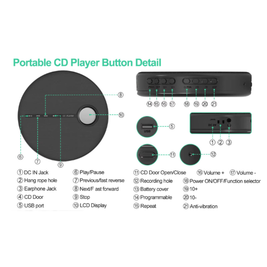 Bytelike Tragbarer CD-Player mit Bluetooth, Dual-Lautsprechern und USB, Schwarz - Bild 5
