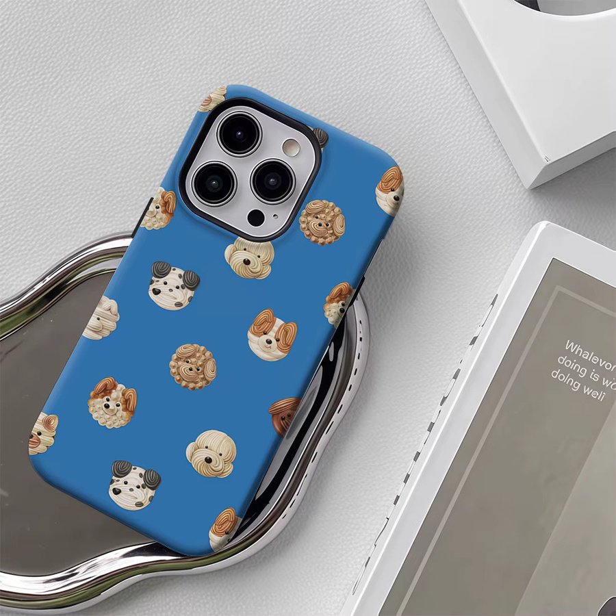 Handyhülle mit niedlichen Hundeköpfen für Apple iPhone 12 bis 17 Pro Max Plus in Blau mit doppelschichtiger Rückseite - Bild 4