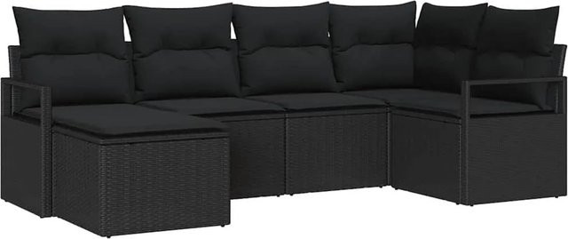 vidaXL 6-teiliges Garten Sofa Set aus Poly Rattan mit Kissen in Schwarz im modernen Design - Bild 1