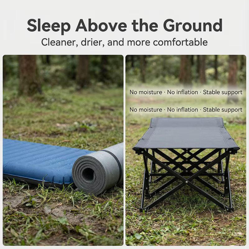 MDUG Tragbares Klappbares Campingbett aus Metall und Textilene in Schwarz mit verstellbarer Kopfstütze, Tragkraft 150 kg - Bild 4