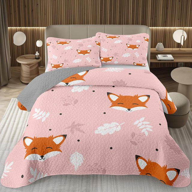 Lodestar Kawaii Fuchs Wendequilt-Set mit Tagesdecke und Kissenbezügen, Natur Wald Design, Pink, B/T: 260 x 220 cm - Bild 1