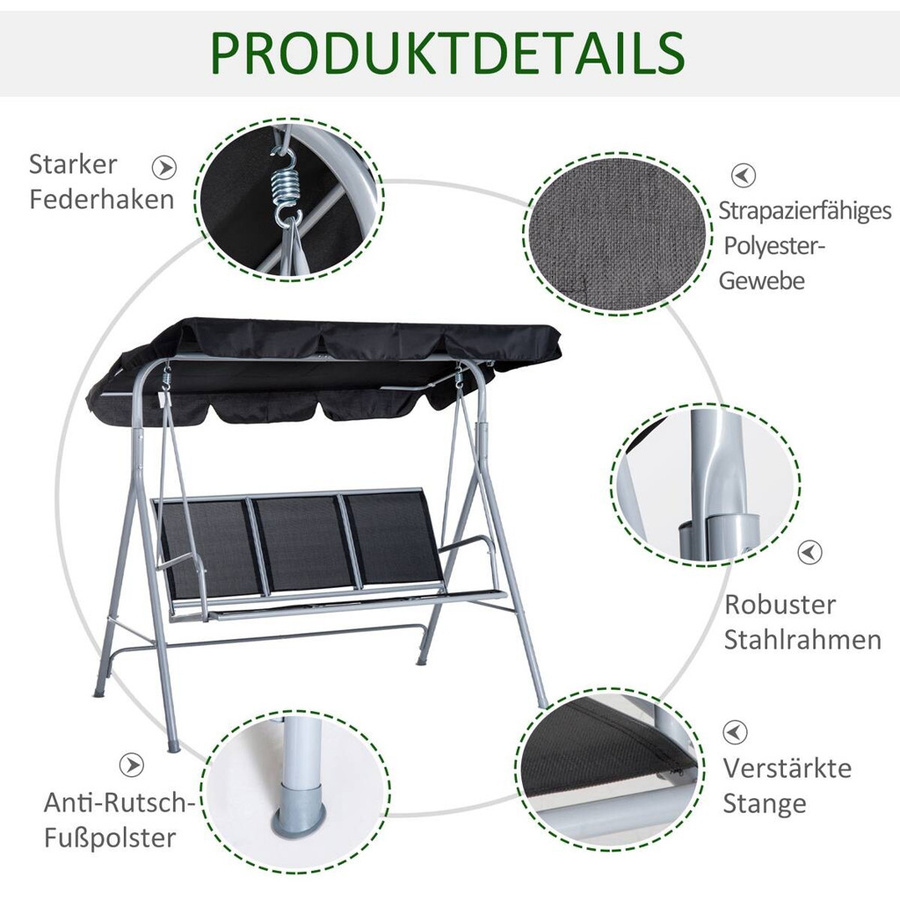 Outsunny Hollywoodschaukel für 3 Personen aus Metall mit UV-beständigem Sonnendach in Schwarz, B/T/H: 170 x 110 x 153 cm - Bild 2